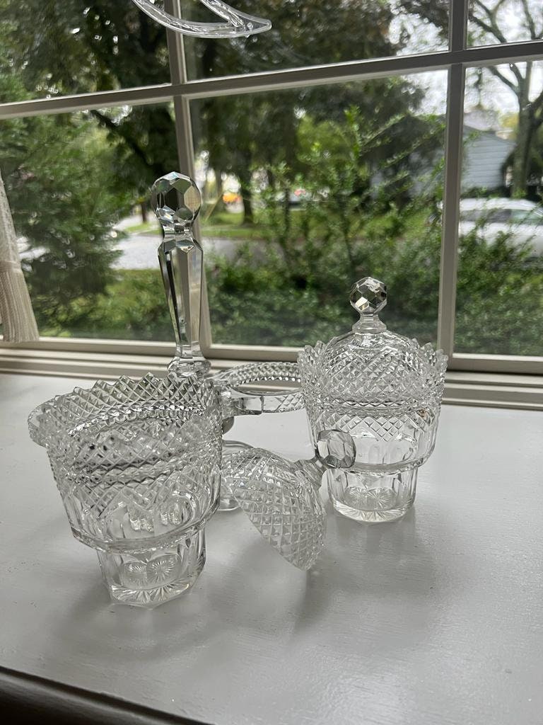 Vintage Crystal Condiment Server Cut Glass Dish Set Pedestal Footed Jam Jar Elegant Tableware Mid Century Kitchen Decor Entertaining Piece