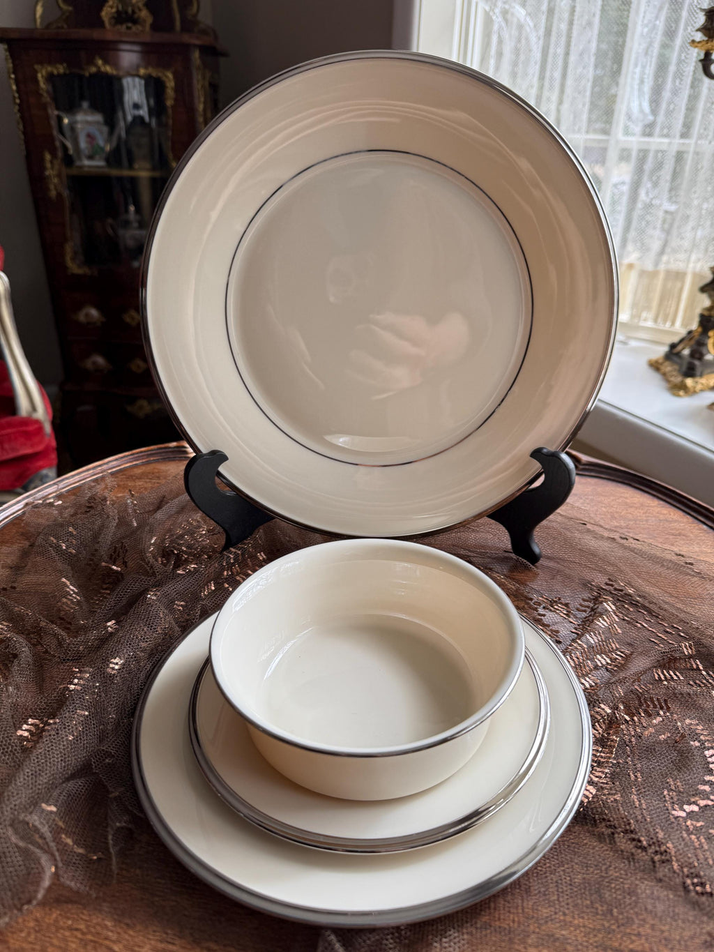 Set of 6 Lenox Solitaire Ivory Bone China Dinnerware Platinum Trim Elegant Dinnerware Set Salad Plates Dinner Plates Salt & Pepper Shakers
