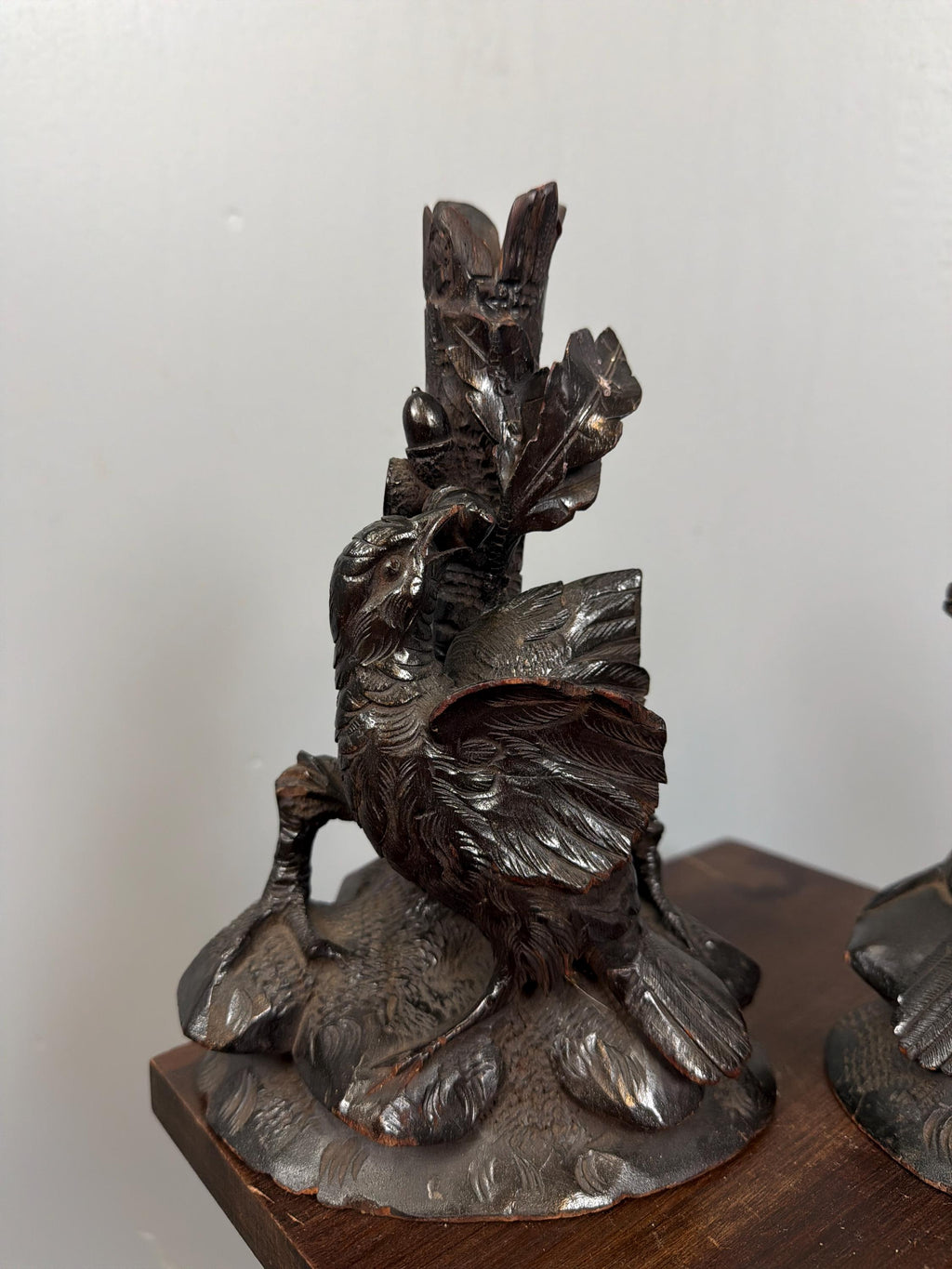 Antique Black Forest Hand Carved Bird Candlesticks Pair Oak Leaves Acorns Alpine Folk Art Wooden Candle Holders