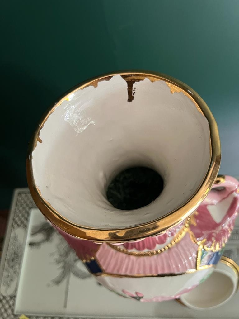 Vintage Hand Painted Oriental Vase Pink Gold Floral Chinese Woman Motif Large Ceramic Urn Decorative Collectible Home Decor Statement Piece