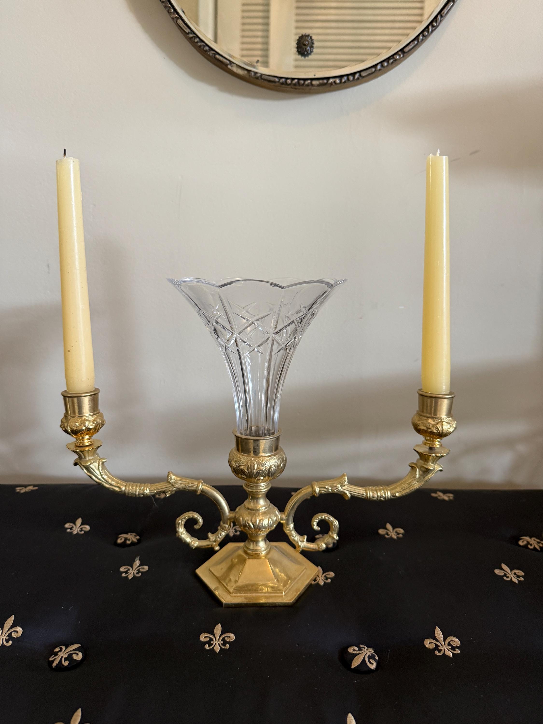 Vintage Brass French Style Two Arm Candelabra Centerpiece with Cut Glass Vase and Dual Candle Holders, Candlestick Home Decoration