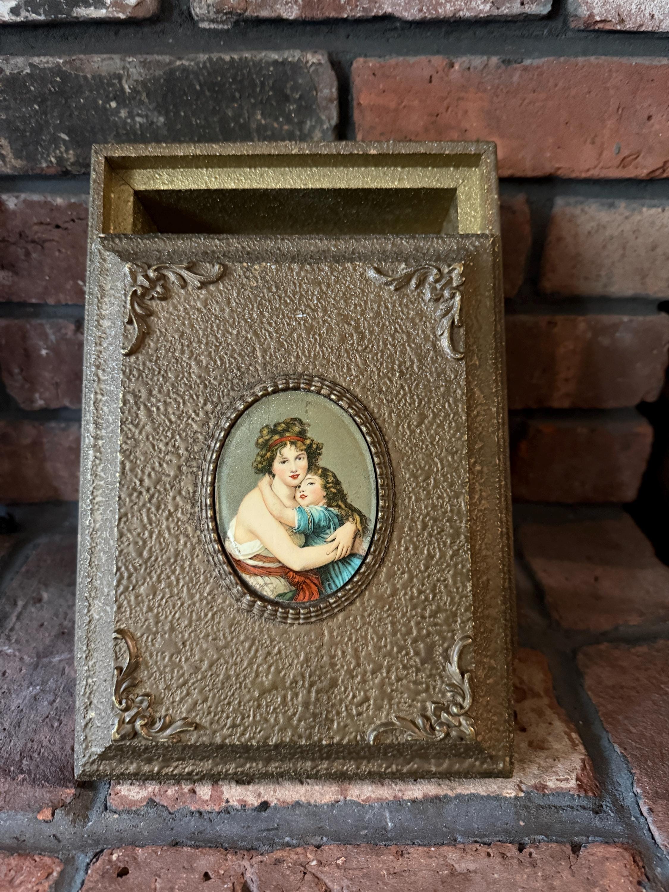 Vintage Gold Gilded Book-Shape Trinket Box  with mirror, Portrait Gold Gilded Trinket Box, Mother Child Portrait, Keepsake Jewelry Storage