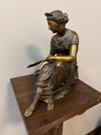 Antique French Bronze Sculpture: Neo-Classical Seated Woman with Mirror, Signed A. Habert