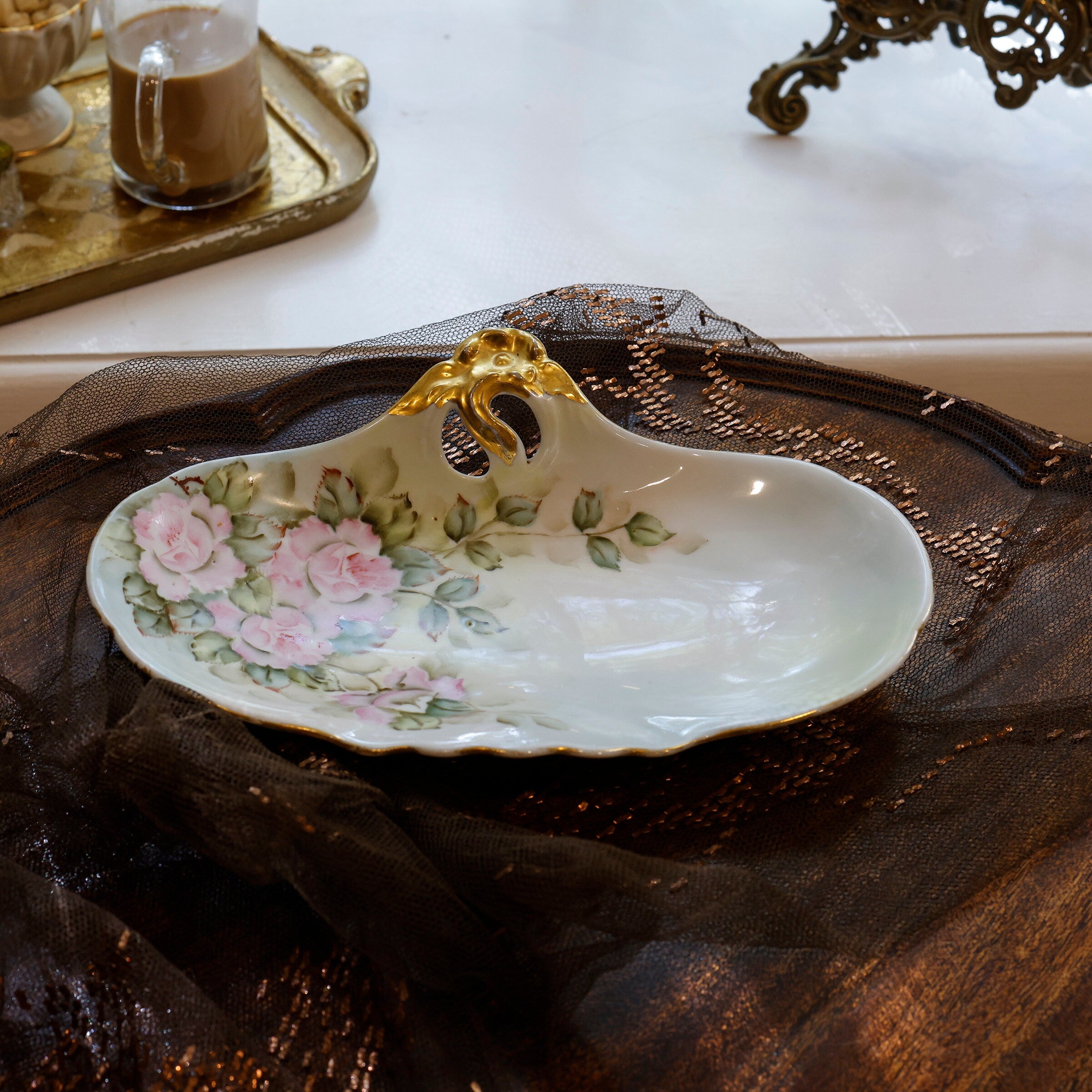 Antique Porcelain Tray Hand Painted Pink Roses Gilded Handle Oval Vanity Dish Art Nouveau Decorative Plate Floral Display Collectible