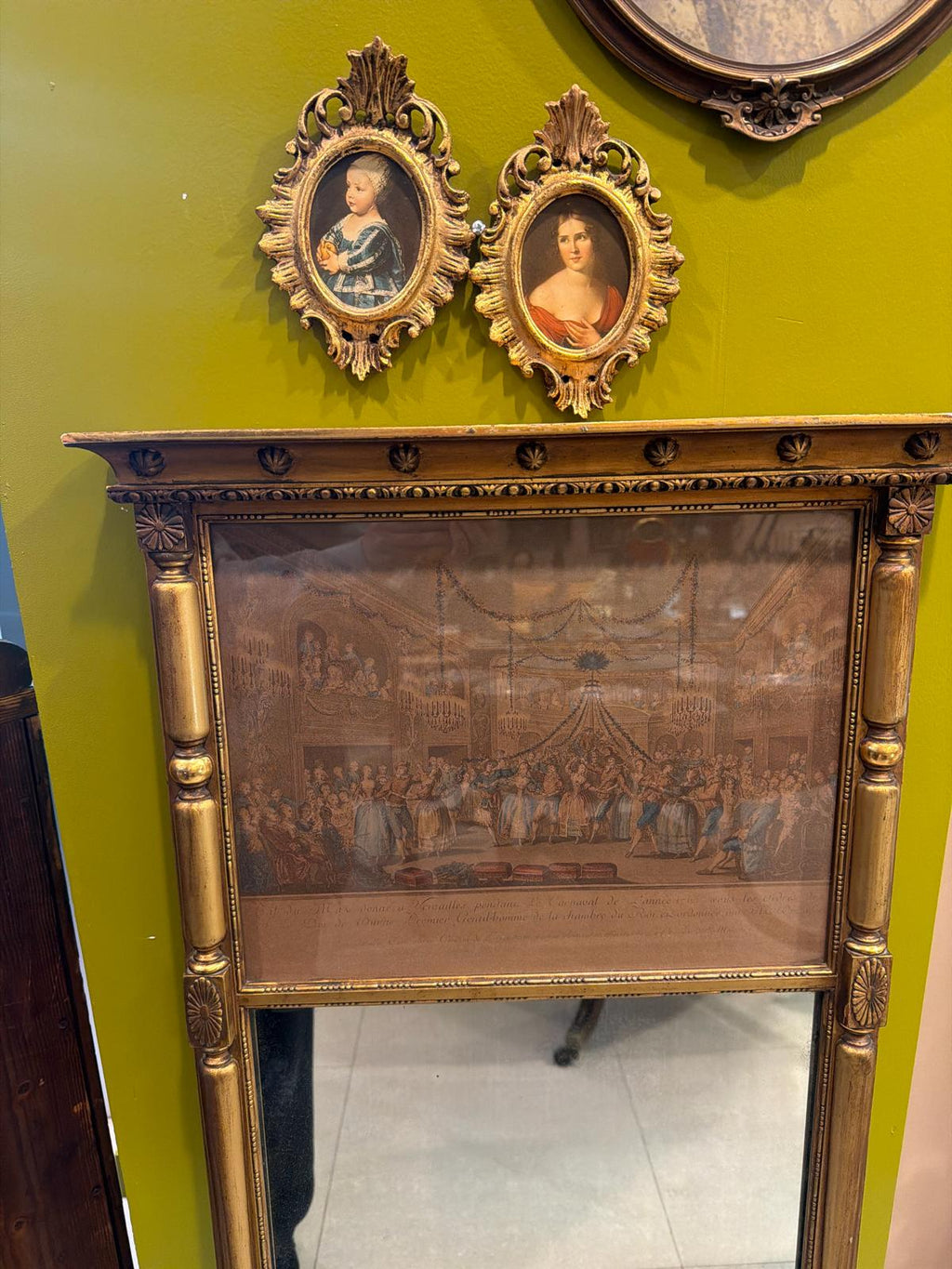 Antique French Trumeau Mirror with Engraved Scene Panel, Gilt Wood Frame, 19th Century