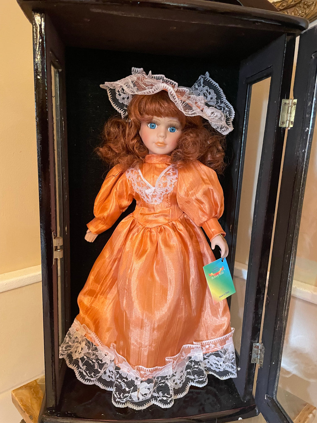 Ashley Belle Porcelain Doll Orange Satin Dress Lace Bonnet Collectible Display Figure Victorian Style Limited Edition Keepsake Beauty