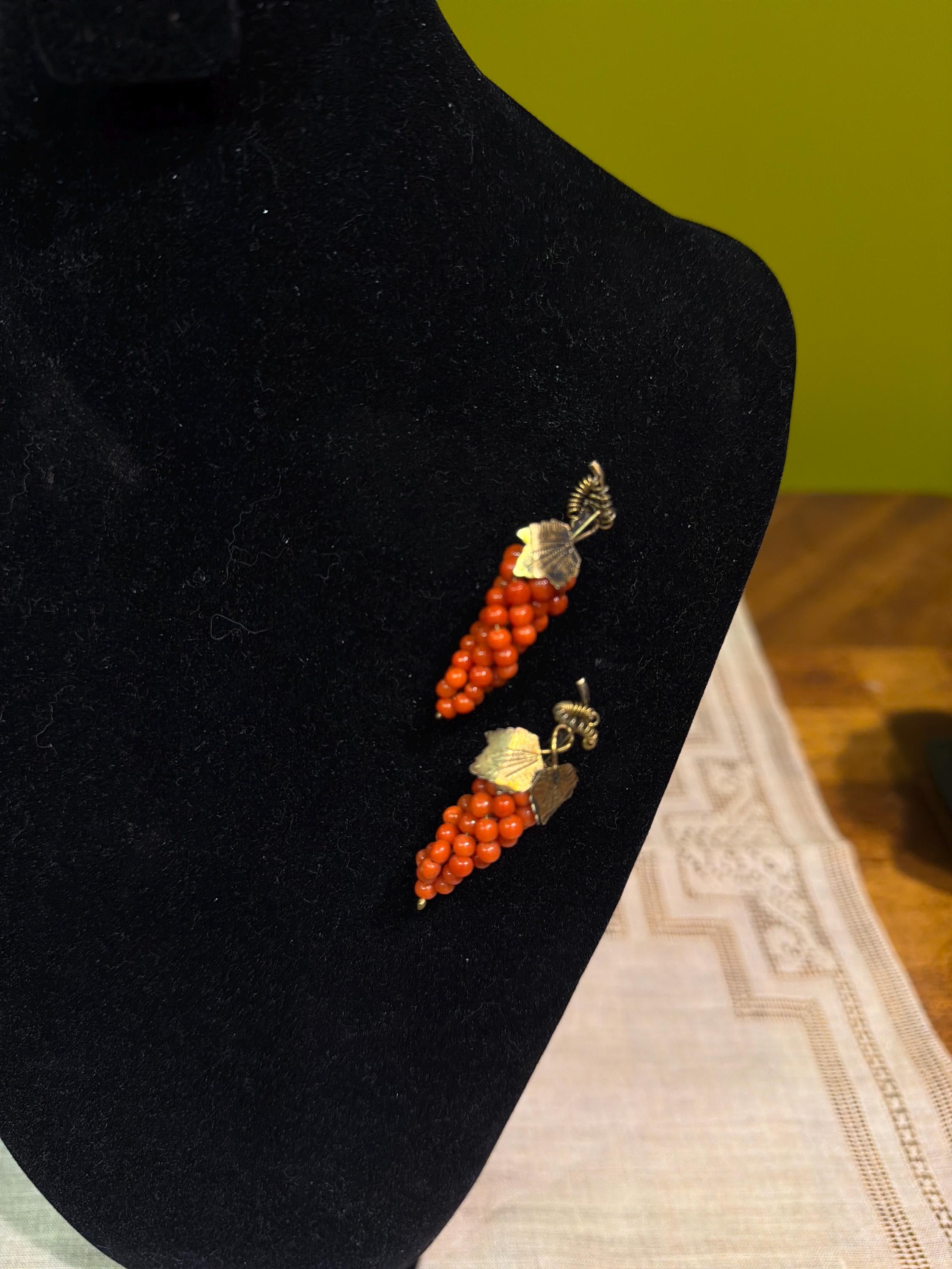 Vintage Italian 800 Silver Grape Cluster Dress Clips Pair Coral Bead Fruit Brooch Mid Century Jewelry