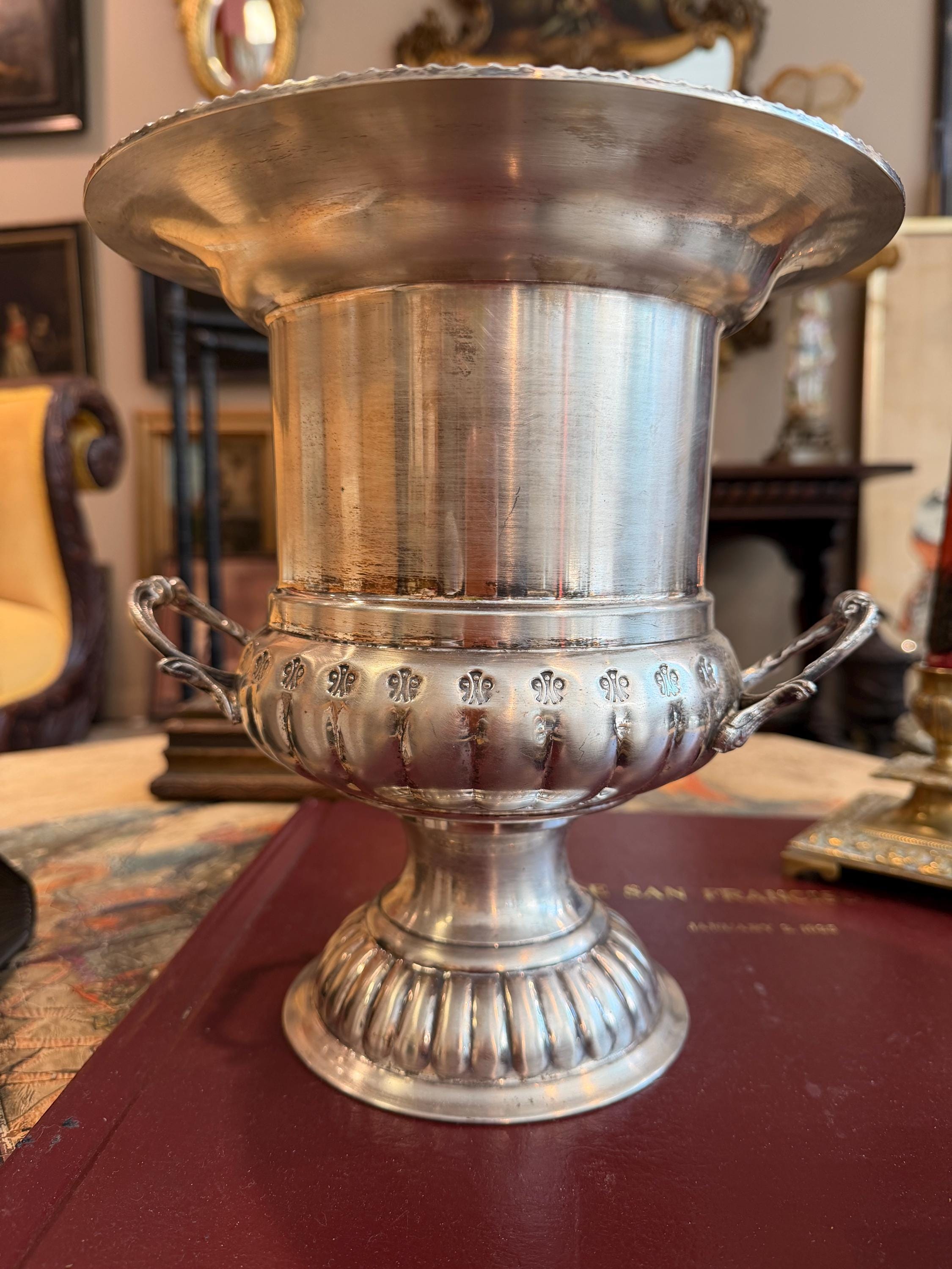 Vintage Silver Plate Champagne Bucket Urn Vase with Handles, Decorative Wine Cooler Centerpiece