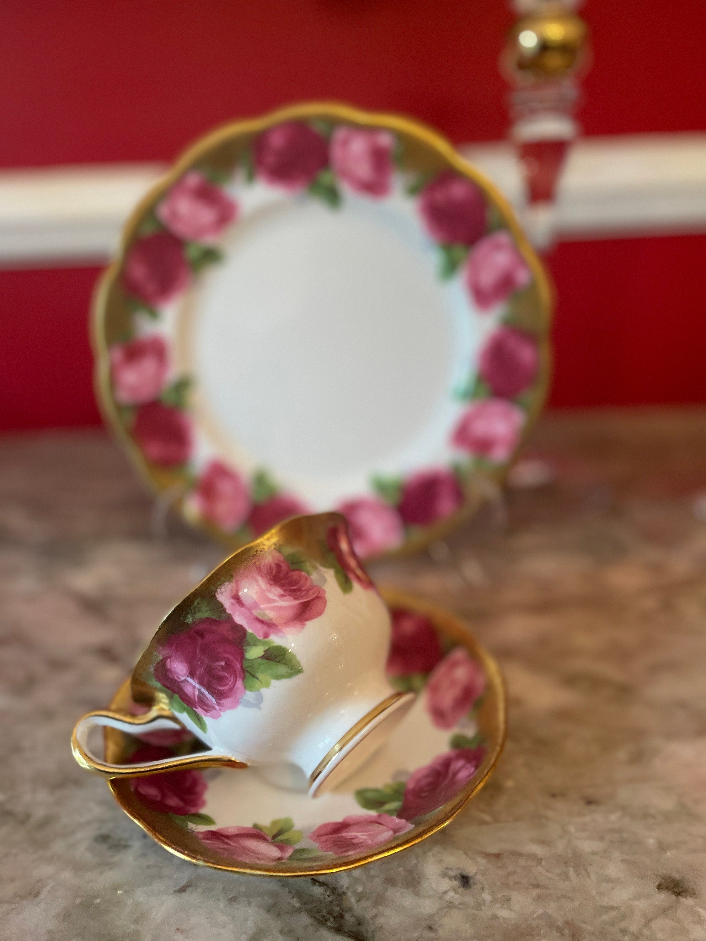 Vintage Set of 4 Royal Albert Gold Pink Floral Design Cups Saucers Dessert Plates.Made in England