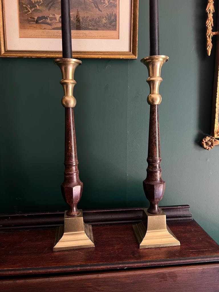 Vintage Tall Brass Wood Candlesticks Pair Colonial Style Taper Holders Elegant Antique Mantel Decor Statement Dining Table Accent Classic