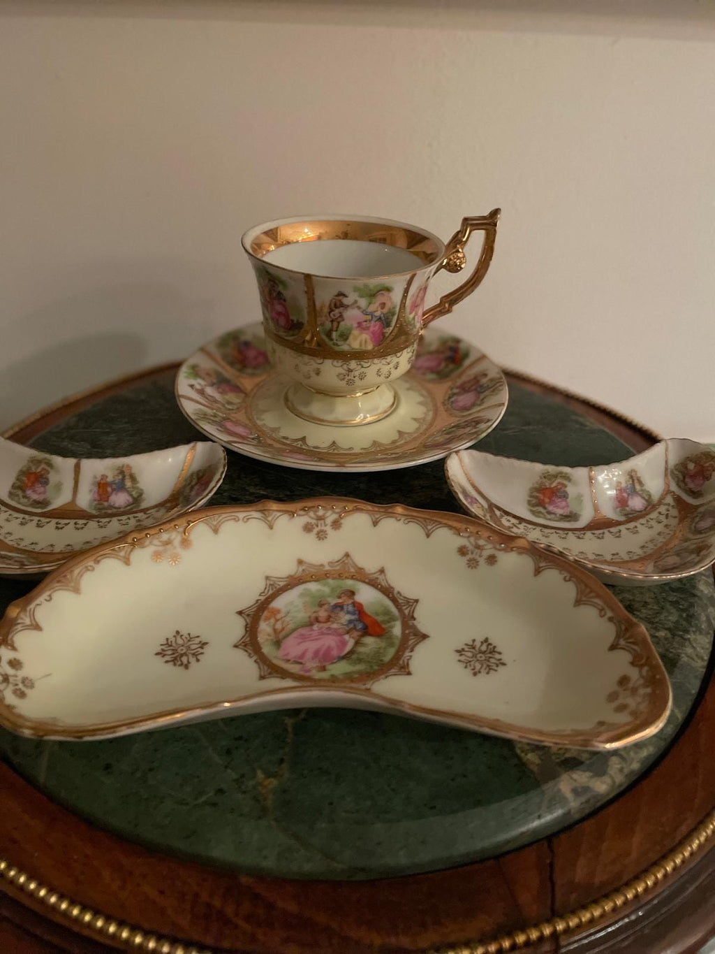 Vintage German Porcelain Tea Snack Set Romantic Courting Scene Gold Trim Hand Painted Cup Tray Bowls Collectible Rococo Style Display Piece