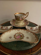 Vintage German Porcelain Tea Snack Set Romantic Courting Scene Gold Trim Hand Painted Cup Tray Bowls Collectible Rococo Style Display Piece