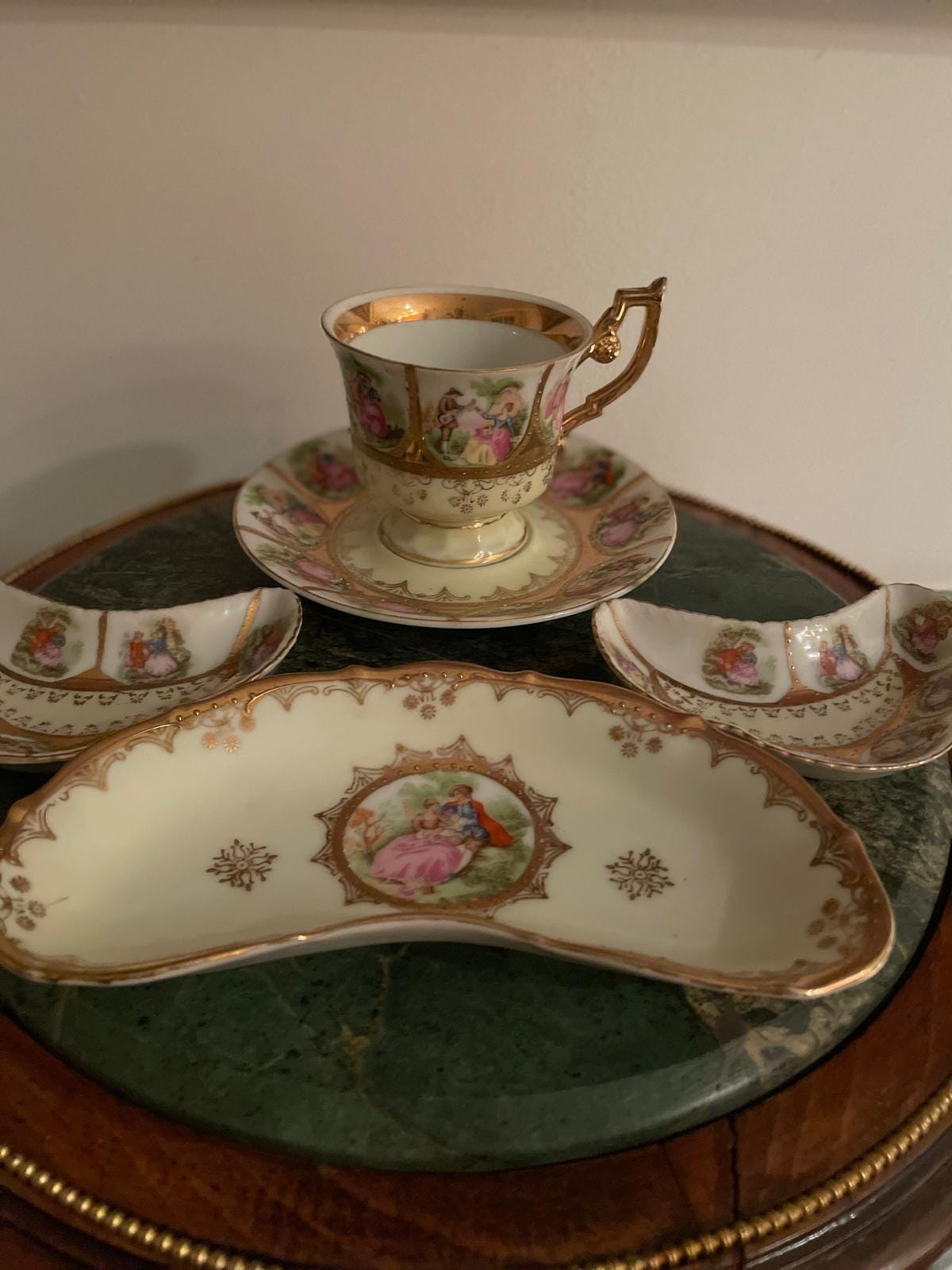 Vintage German Porcelain Tea Snack Set Romantic Courting Scene Gold Trim Hand Painted Cup Tray Bowls Collectible Rococo Style Display Piece