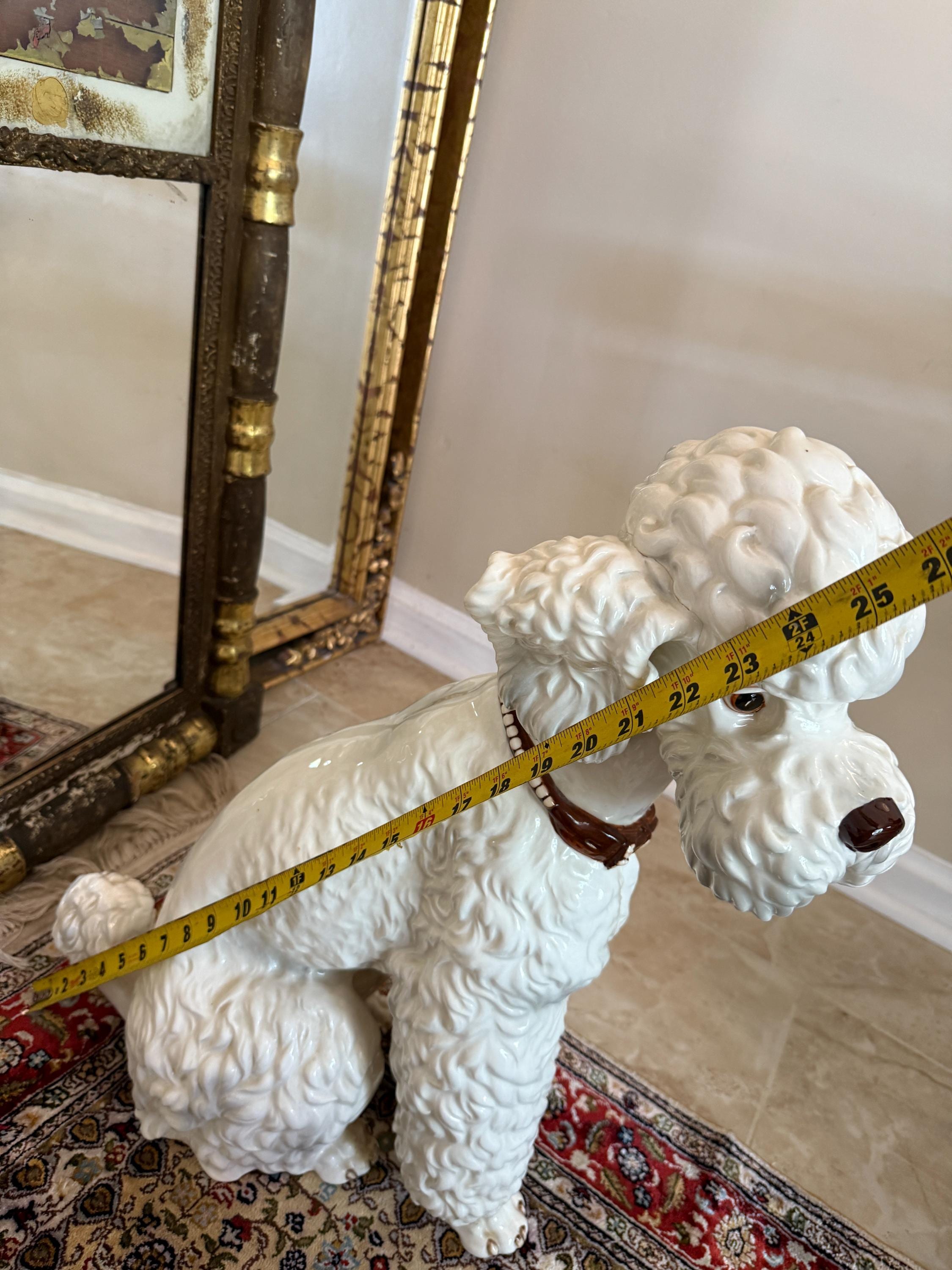 Vintage White Dog Statue Mid Century Hand Painted Ceramic J Schwart Signed Porcelain Poodle Dog Ceramic Statue with Brown Collar DFigurine