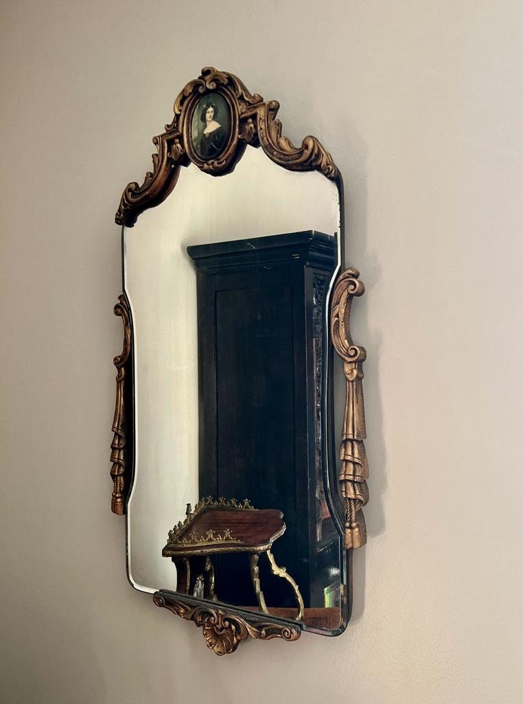 Antique Wall Mirror Victorian Style Ornate Frame Beveled Glass Portrait Detail Rococo Decor Hanging Mirror Carved Wood Gold Finish Accent