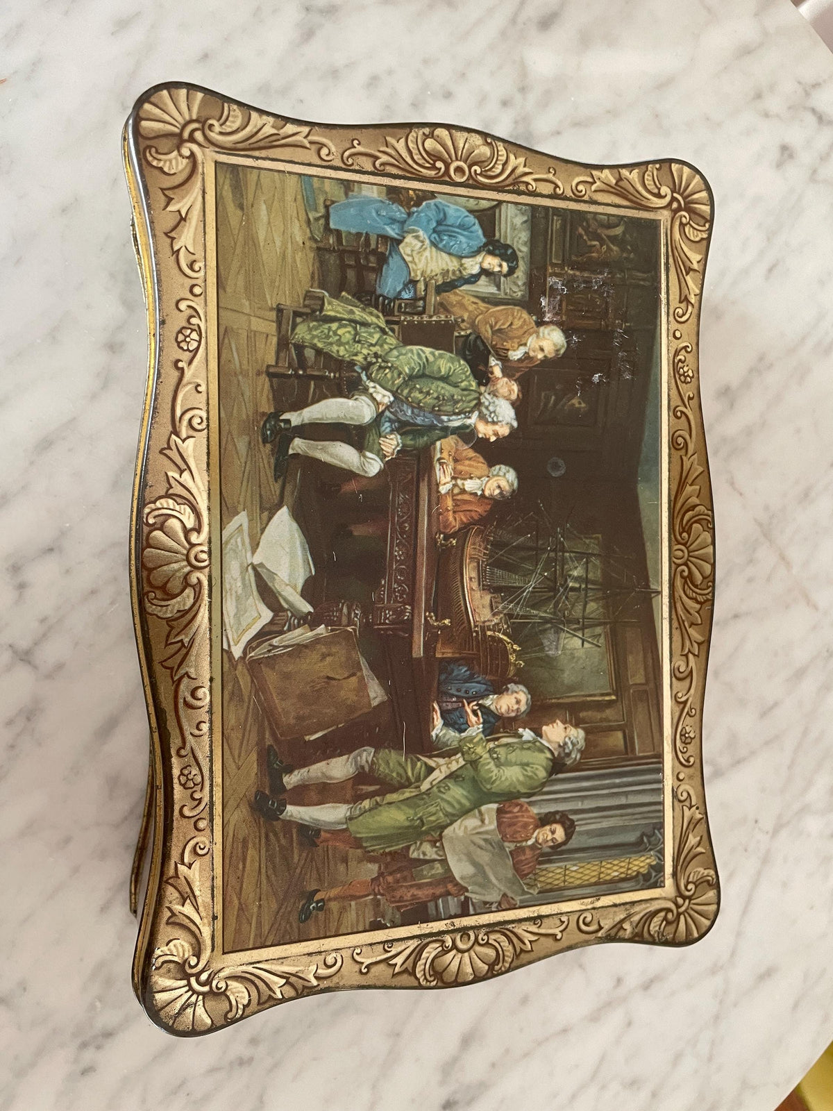 Vintage Patria Biscuit Tin Decorative Metal Box Dutch Scene Collectible Storage Container Gold Interior Baroque Design European Style