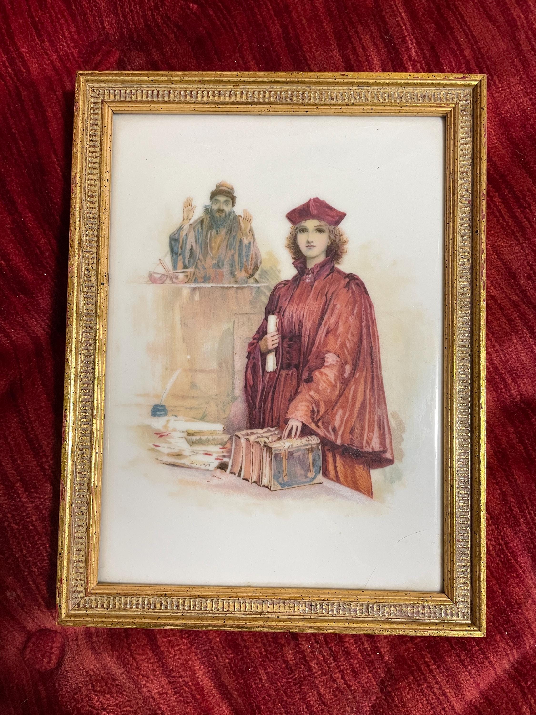 Vintage Graduation Themed Painting on Tile Art Framed Portrait of Graduate in Academic  Classic Gold Frame Decor  Christmas Gift Elegant