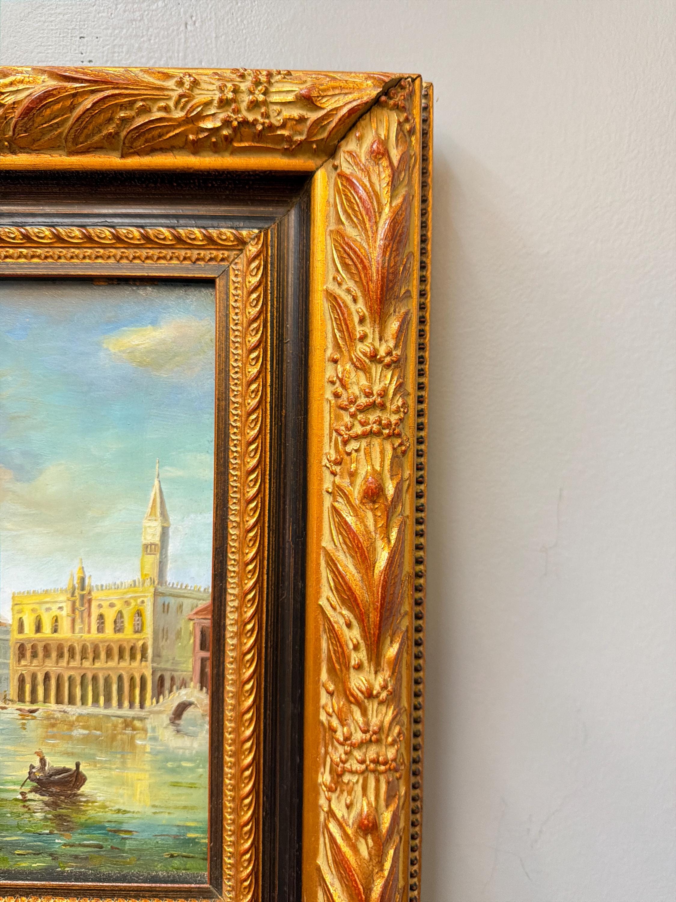 Antique Gilt Wood Mirror with Venetian Scene Painting, Ornate Gold Frame