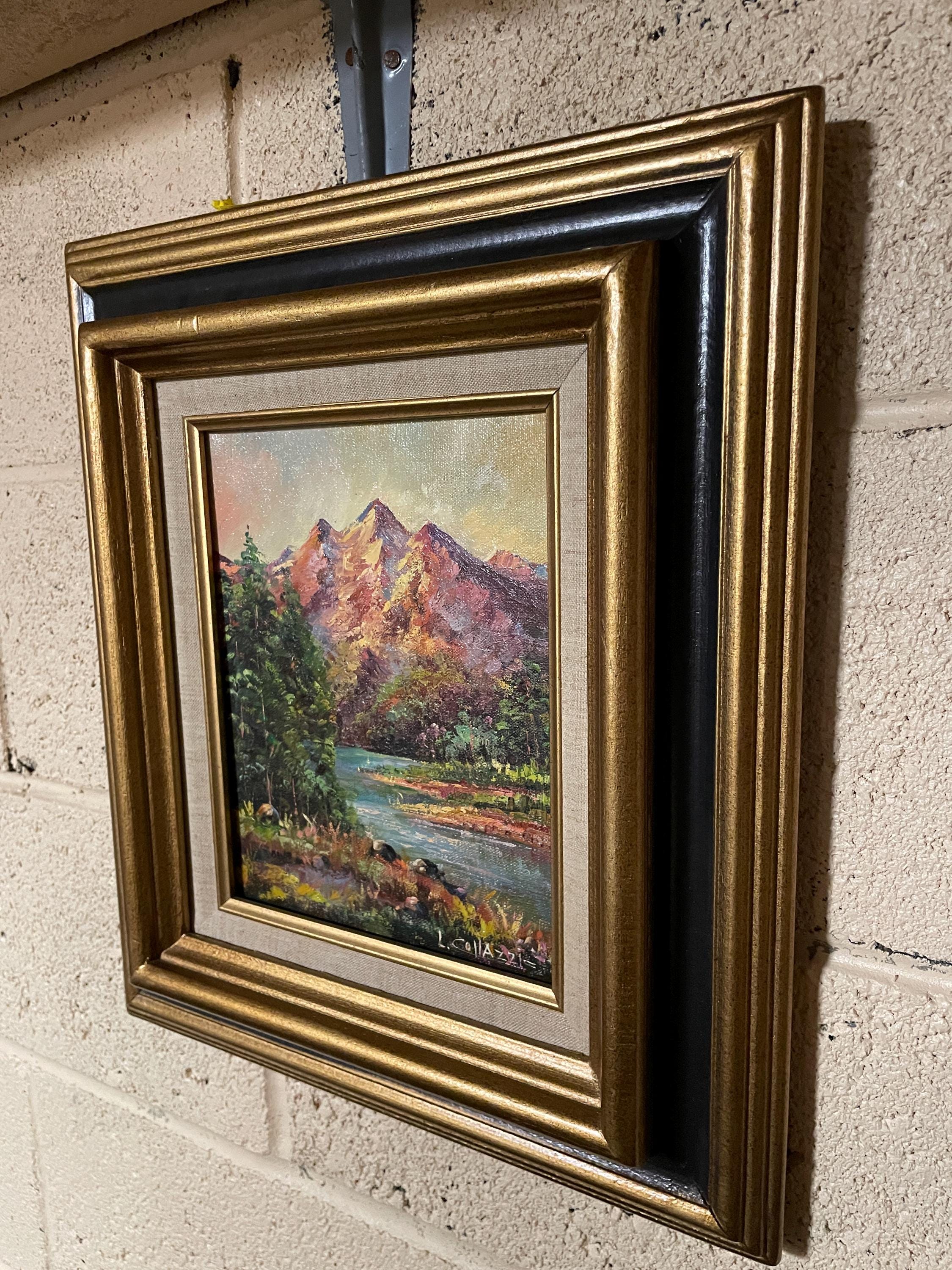 Framed Mountain Landscape Oil Painting Wall Art Nature River Scene Signed L Collazzi Textured Canvas Rustic Cabin Decoration Collectible