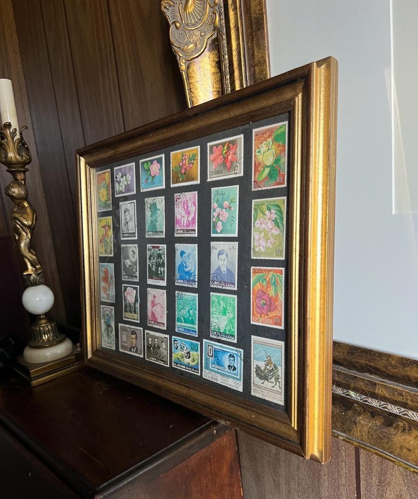 Framed Vintage International Postage Stamp Collection Floral Portraits Political Leaders Mid Century Wall Decor Gift Idea Collectible Art
