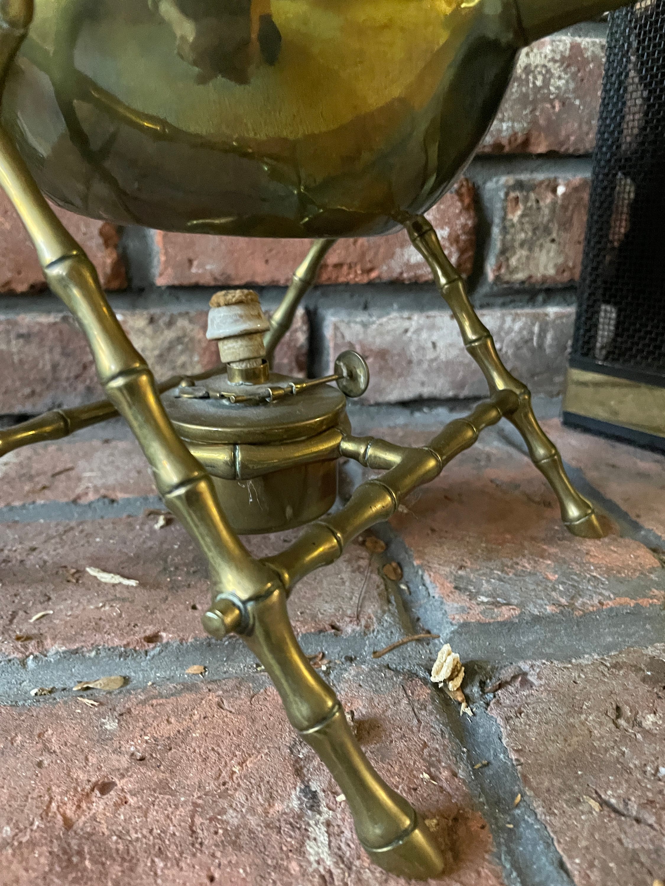 Vintage Brass Kettle On Bamboo Style Stand Unique Burner Teapot With Wooden Handle Mid Century Chafing Dish Decorative Display Piece Antique