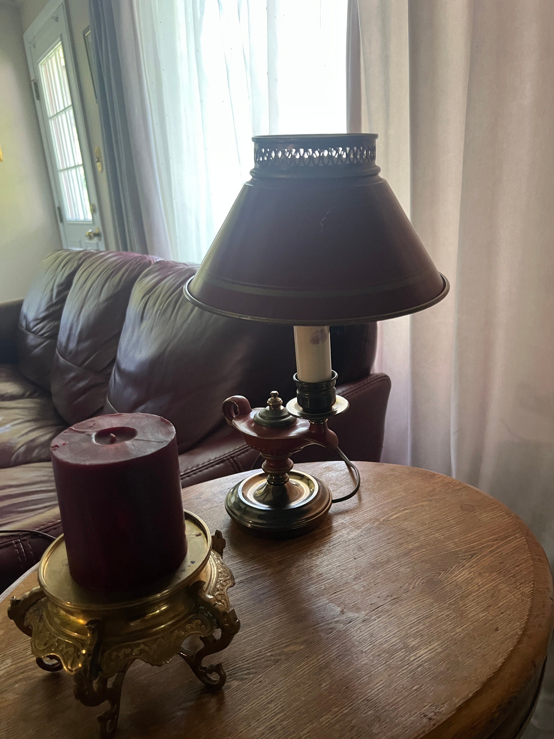 Vintage Aladdin Style Genie Lamp Table Light Unique Red Brass Metal Shade Accent Lighting Magic Oil Lamp Shape Mid Century Decor Gift Idea