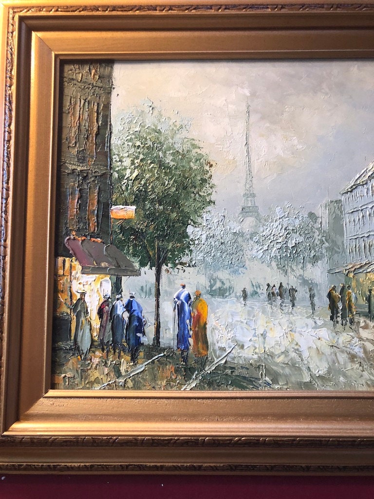 Pair Of Vintage Original Oil Painting Paris Scene Signed Gold Wood Framed Wall Art Collectible Painting. 21 1/2" 17 1/2"