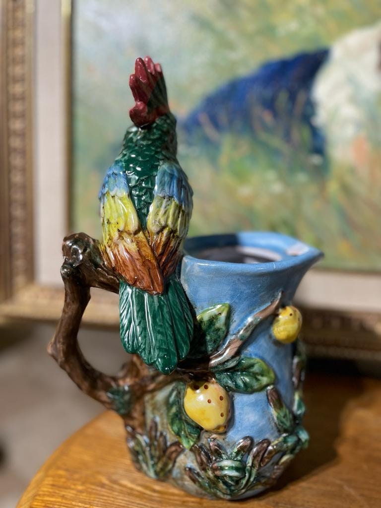Hand Painted Parrot Pitcher Colorful Ceramic Jug Decorative Lemon Design Tropical Bird Shape Blue Green Yellow Red Unique Vintage Home