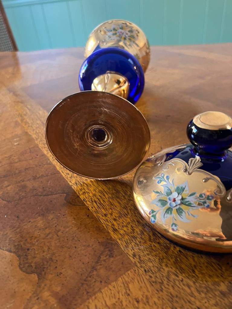 Vintage Cobalt Blue Bohemian Glass Goblet Lidded Container Gold Enamel Floral Accent Elegant Tall Barware Display Collectible Decoration