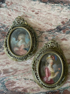 Romantic Antique French Style Portrait Miniatures Set of Two Hand Painted in Ornate Brass Frames 18th Century Rococo Wall Art Decor Gift