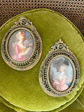 Romantic Antique French Style Portrait Miniatures Set of Two Hand Painted in Ornate Brass Frames 18th Century Rococo Wall Art Decor Gift