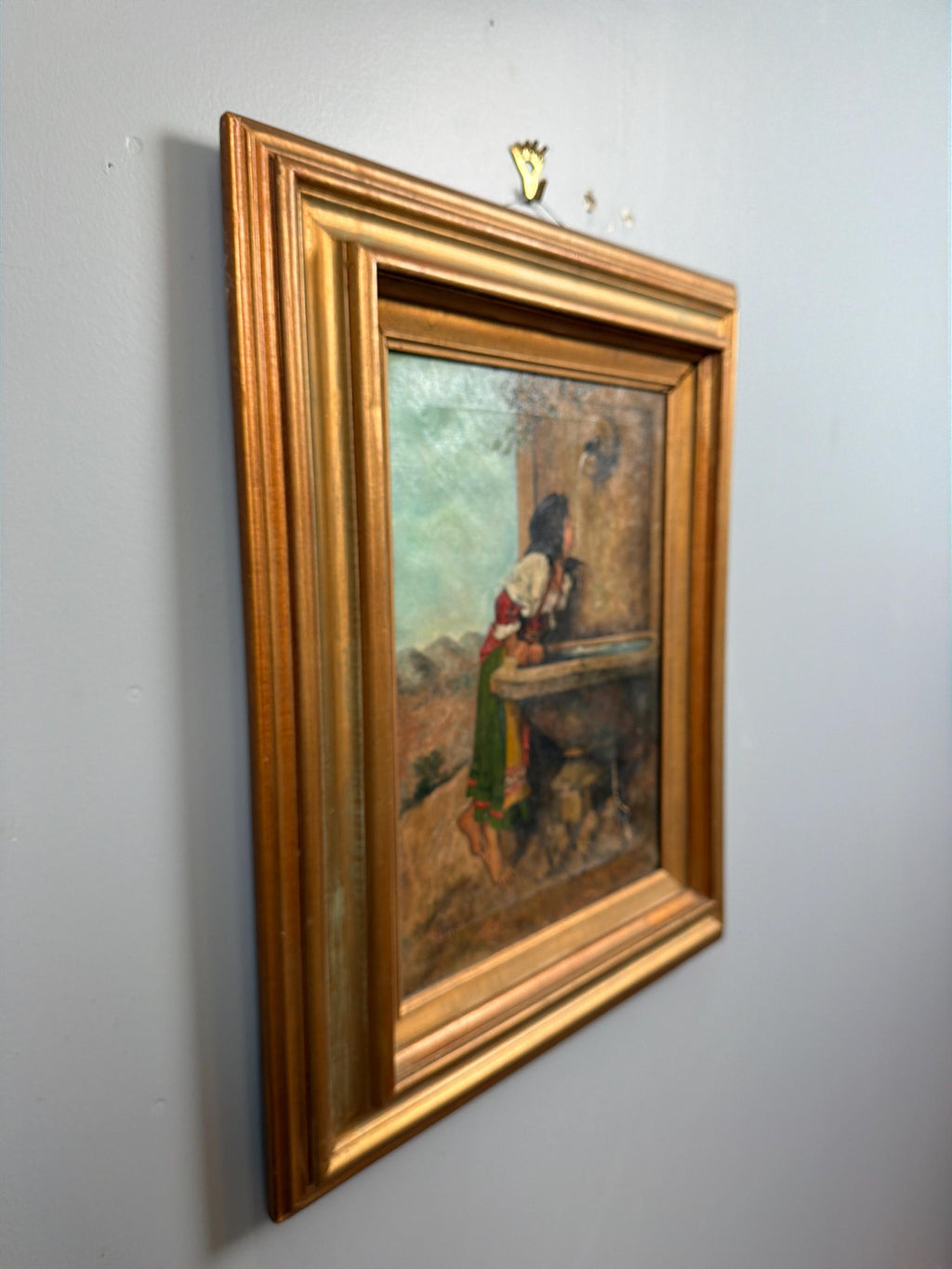 Antique European Oil Painting Girl at Fountain Signed Oil on Canvas Gilt Frame Late 19th Century