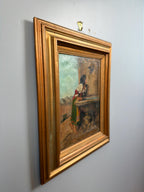 Antique European Oil Painting Girl at Fountain Signed Oil on Canvas Gilt Frame Late 19th Century
