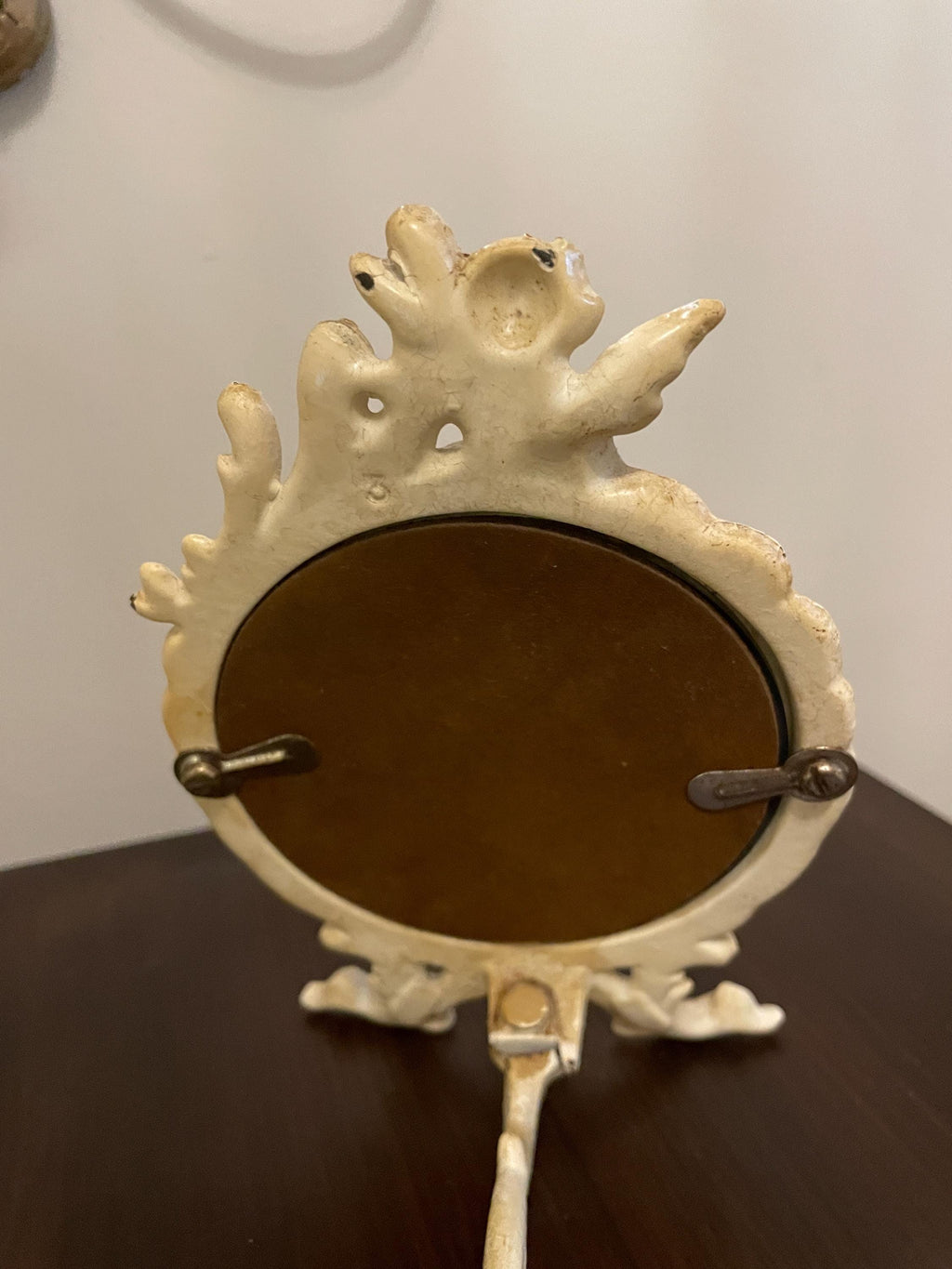 Vintage Ornate Tabletop with Cherub Accent Rococo Style Distressed White Finish Collectible Vanity Deco Antique Inspired Design Mirror