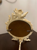 Vintage Ornate Tabletop with Cherub Accent Rococo Style Distressed White Finish Collectible Vanity Deco Antique Inspired Design Mirror