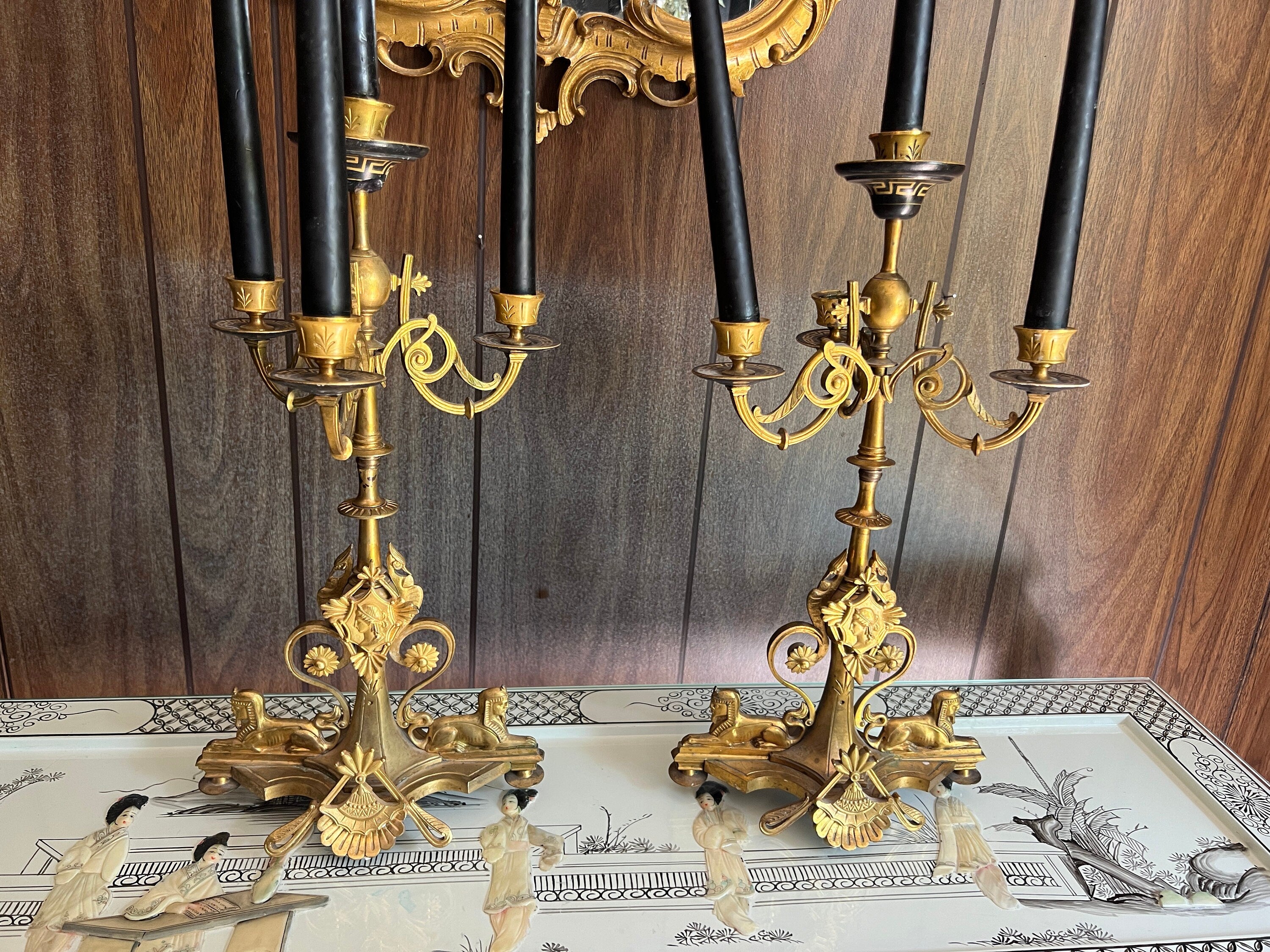 Pair of Empire 5 Light Brass Gold Black Candelabra Unique Sphinx Design Candlesticks Candleholer