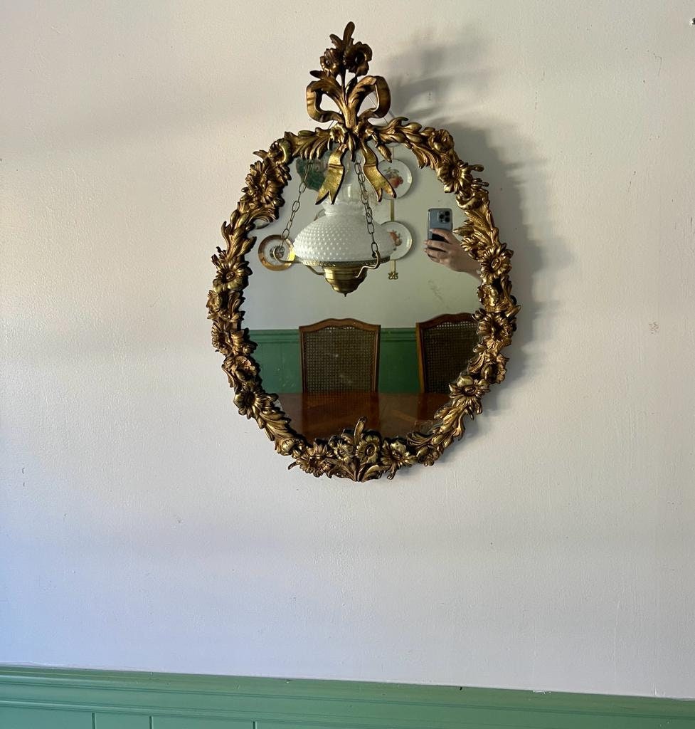 Antique French Rococo Oval Mirror Gilt Floral Frame Ribbon Crest Gold Wall Decoration Statement Piece Baroque Style Accent Home Design