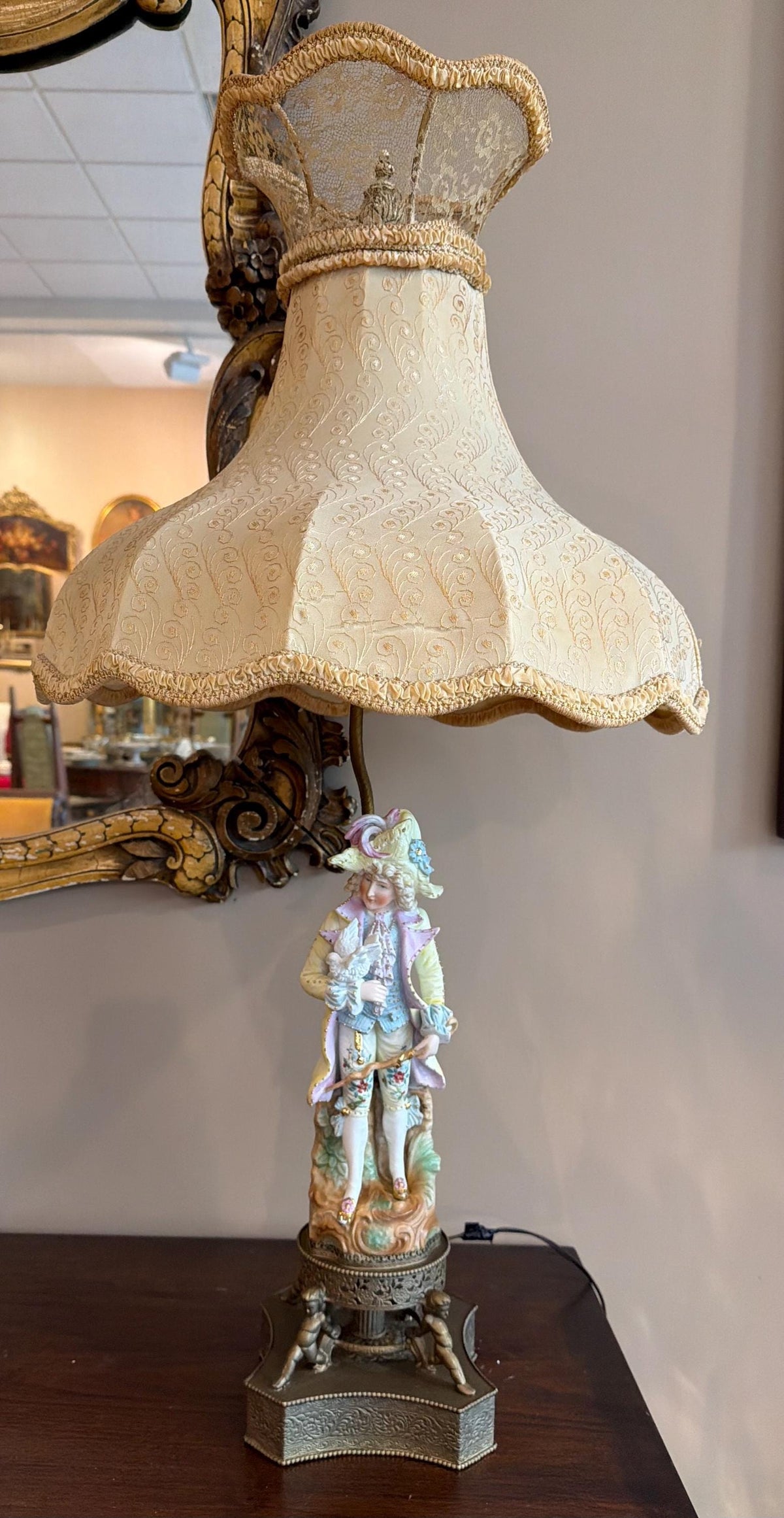 Pair Vintage Porcelain Figural Lamps Rococo Style Cherub Base Ornate Metal Table Lamps French Style Boudoir Lighting