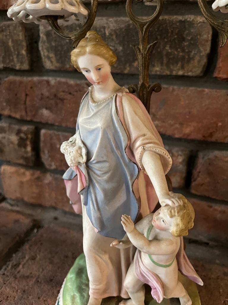 1900s Victorian Porcelain Figurine Girl with Cherub Candlesticks Candelabra