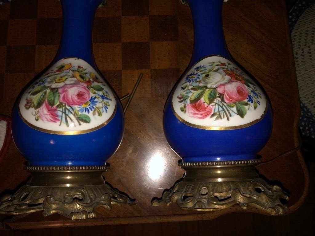 Pair Of Antique French Cobalt Blue Porcelain Table Lamps Hand Painted Floral Panels Ornate Brass Base Converted Electric Lighting Decor