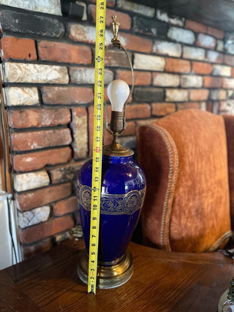 Antique Cobalt Blue Glass Table Lamp Gilt Floral Design Brass Base Elegant Lighting French Style Accent Vintage Home Decoration Unique Piece