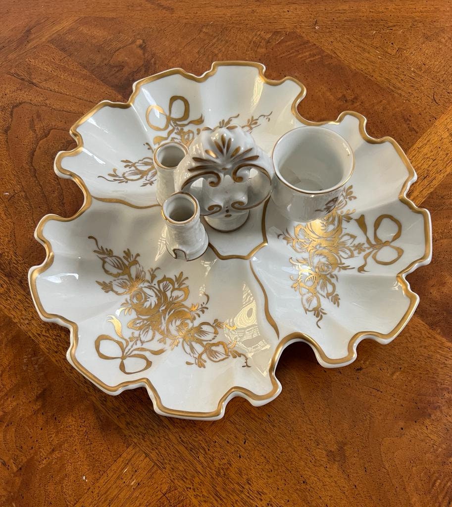 Vintage Hand Painted Porcelain Vanity Tray Rococo Style Handle Floral Design Gold Trim Brush Holder Cup Elegant Victorian Bathroom Decor