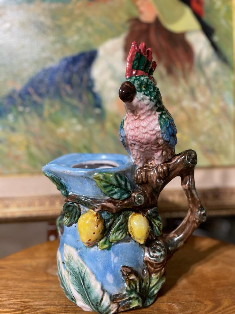 Hand Painted Parrot Pitcher Colorful Ceramic Jug Decorative Lemon Design Tropical Bird Shape Blue Green Yellow Red Unique Vintage Home