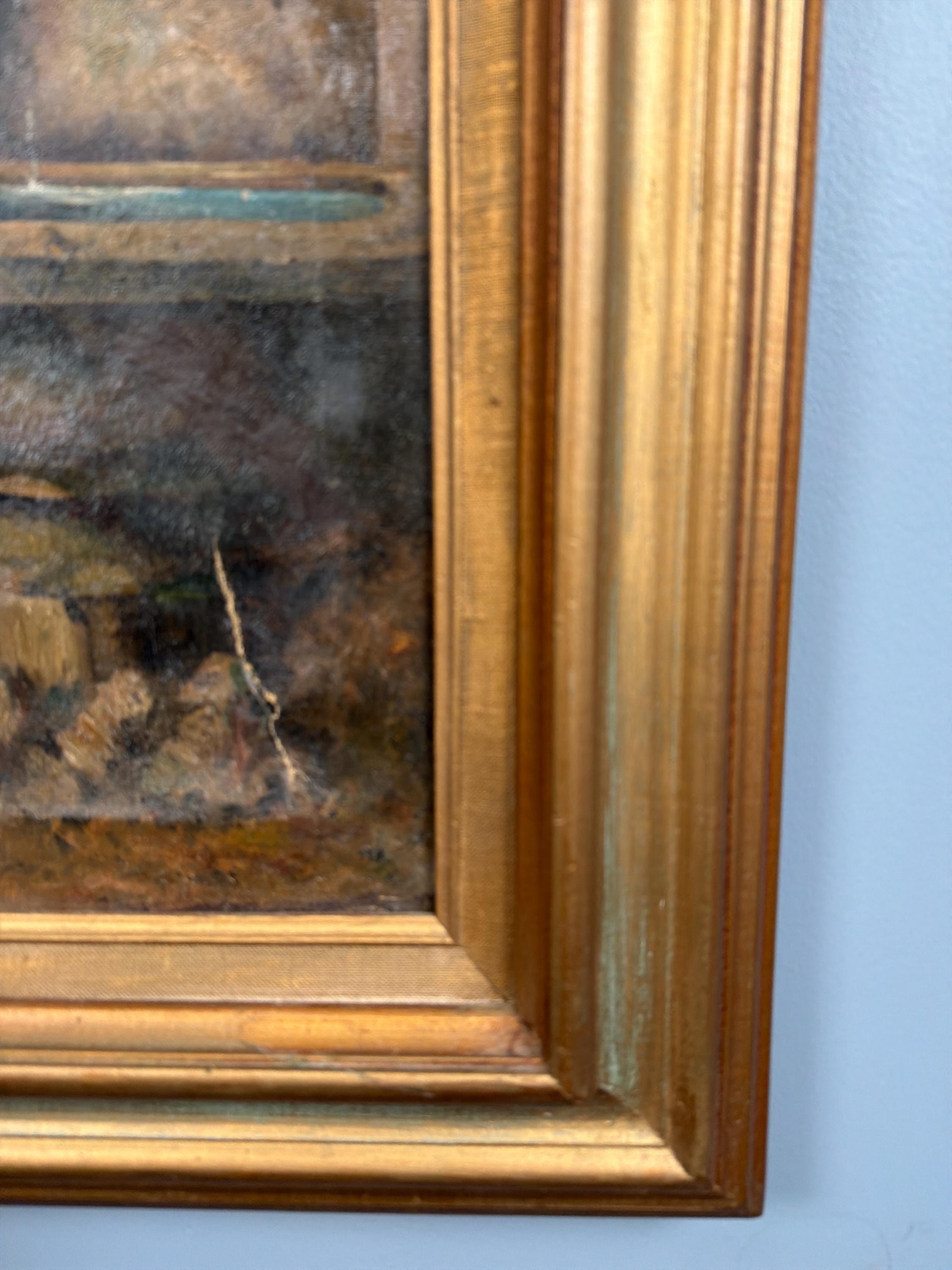 Antique European Oil Painting Girl at Fountain Signed Oil on Canvas Gilt Frame Late 19th Century