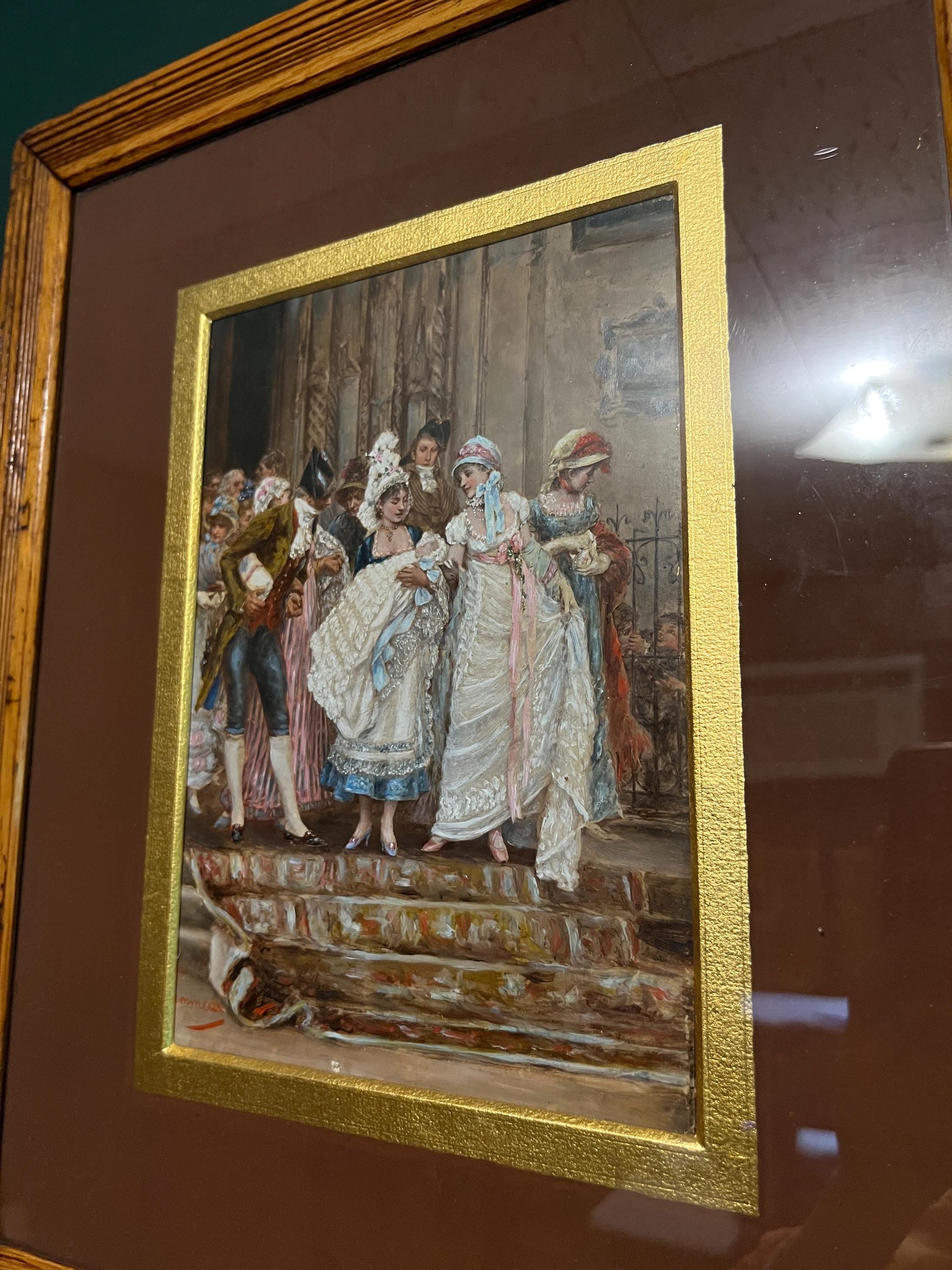 Antique French Style Prints Pair Elegant Wedding Celebration Scenes Gilded Mat Brown Frame Victorian Wall Art Home Decor Romantic Touch