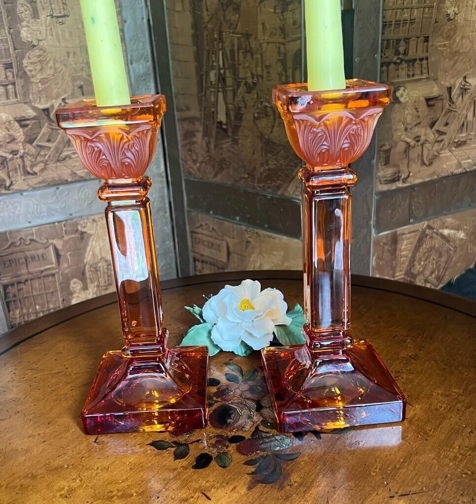 Pair of Vintage Orange Glass Candle Holders Art Deco Column Design Elegant Taper Stand Table Decor Retro Home Accents Collectible Gift Idea