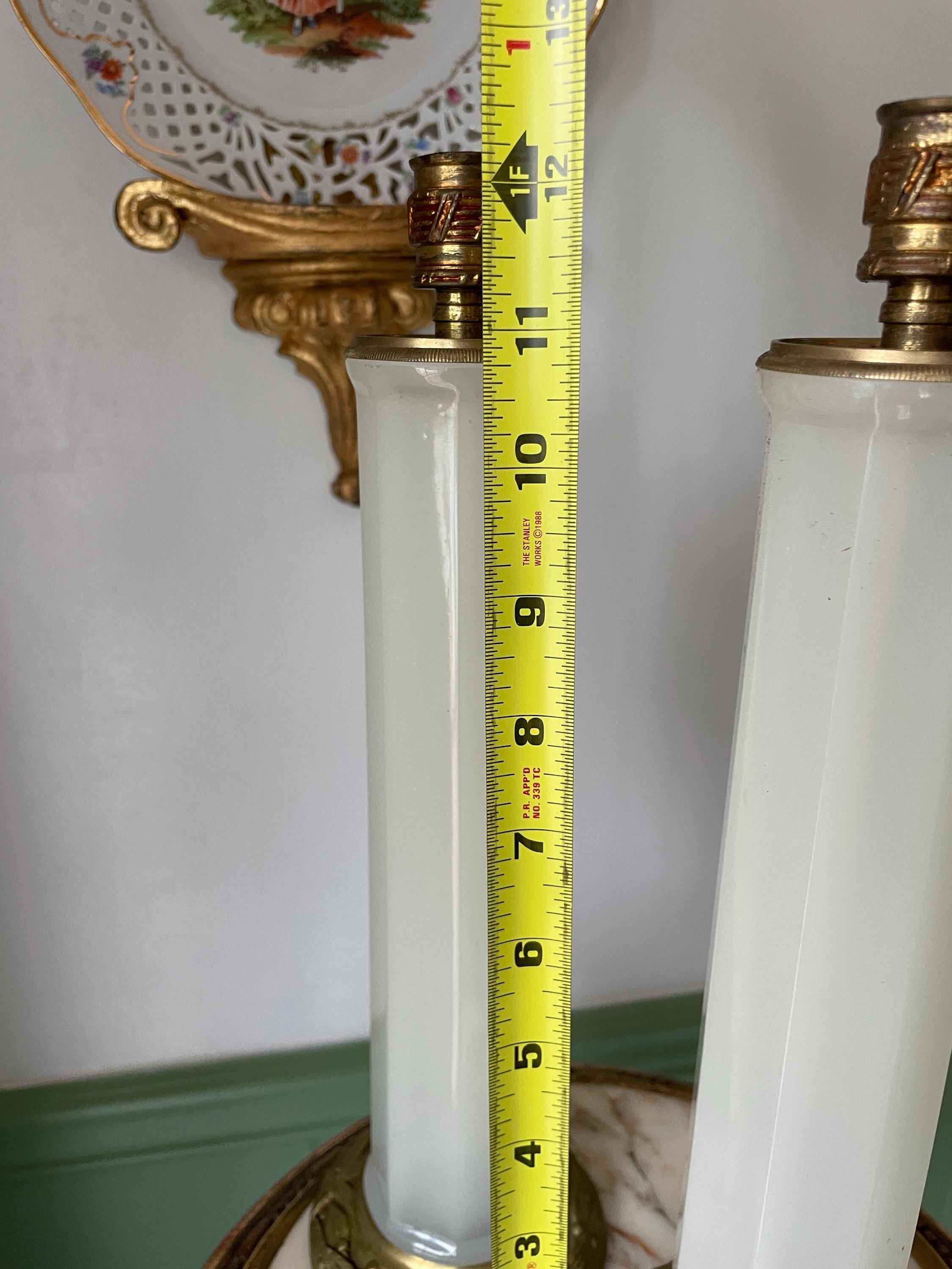 Art Deco French Opaline Glass Table Lamps Pair Mid Century White Column Lamps Bronze Base Elegant Vintage Lighting Home Decoration Accent