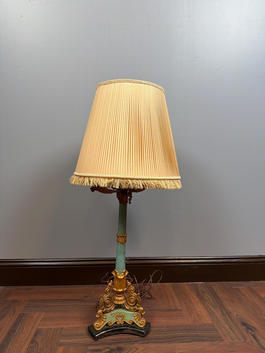 Vintage Florentine Style Table Lamp, Turquoise Blue & Gold Gilt Lamp, Fringe Shade Accent Lighting