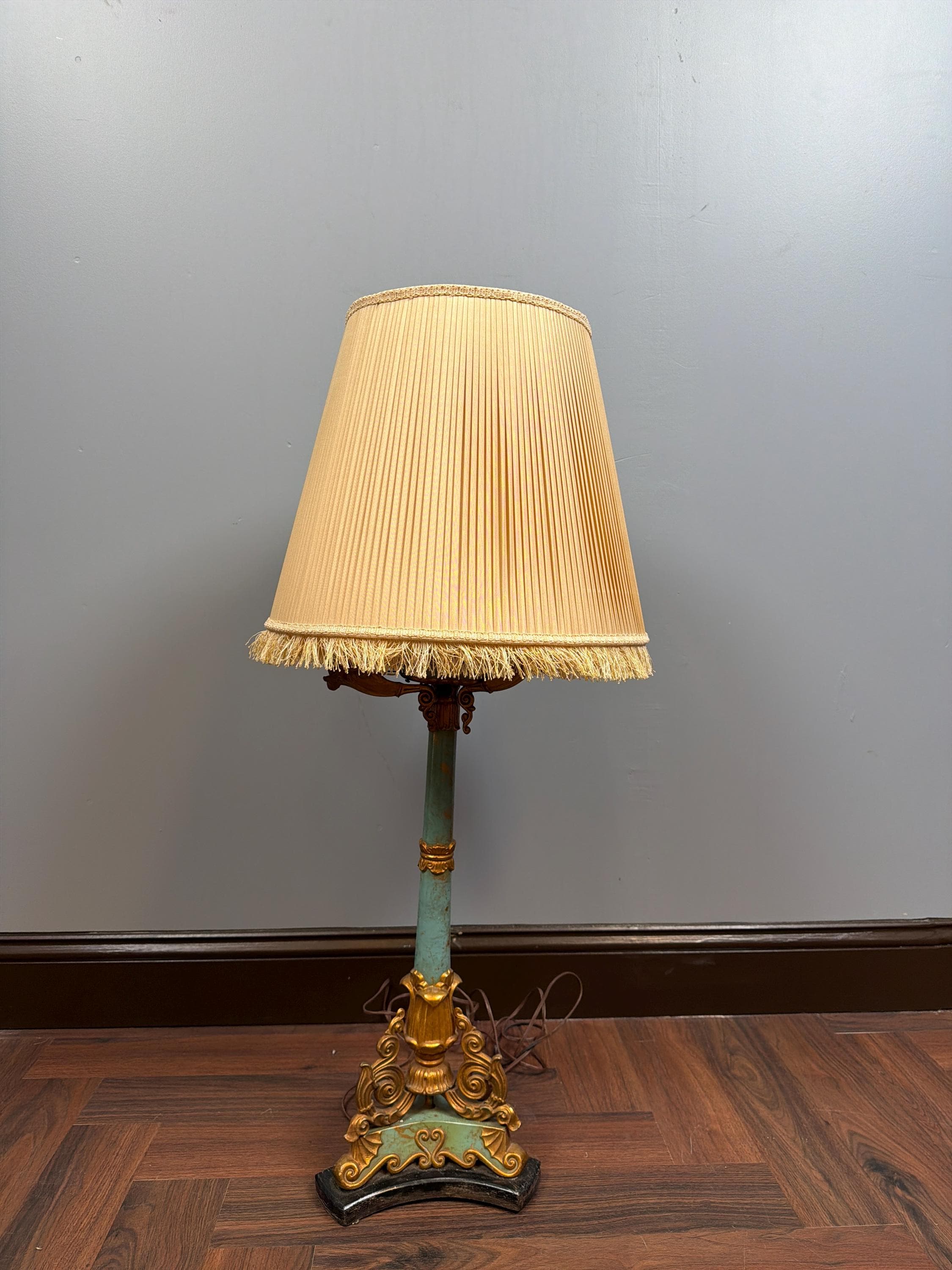 Vintage Florentine Style Table Lamp, Turquoise Blue & Gold Gilt Lamp, Fringe Shade Accent Lighting