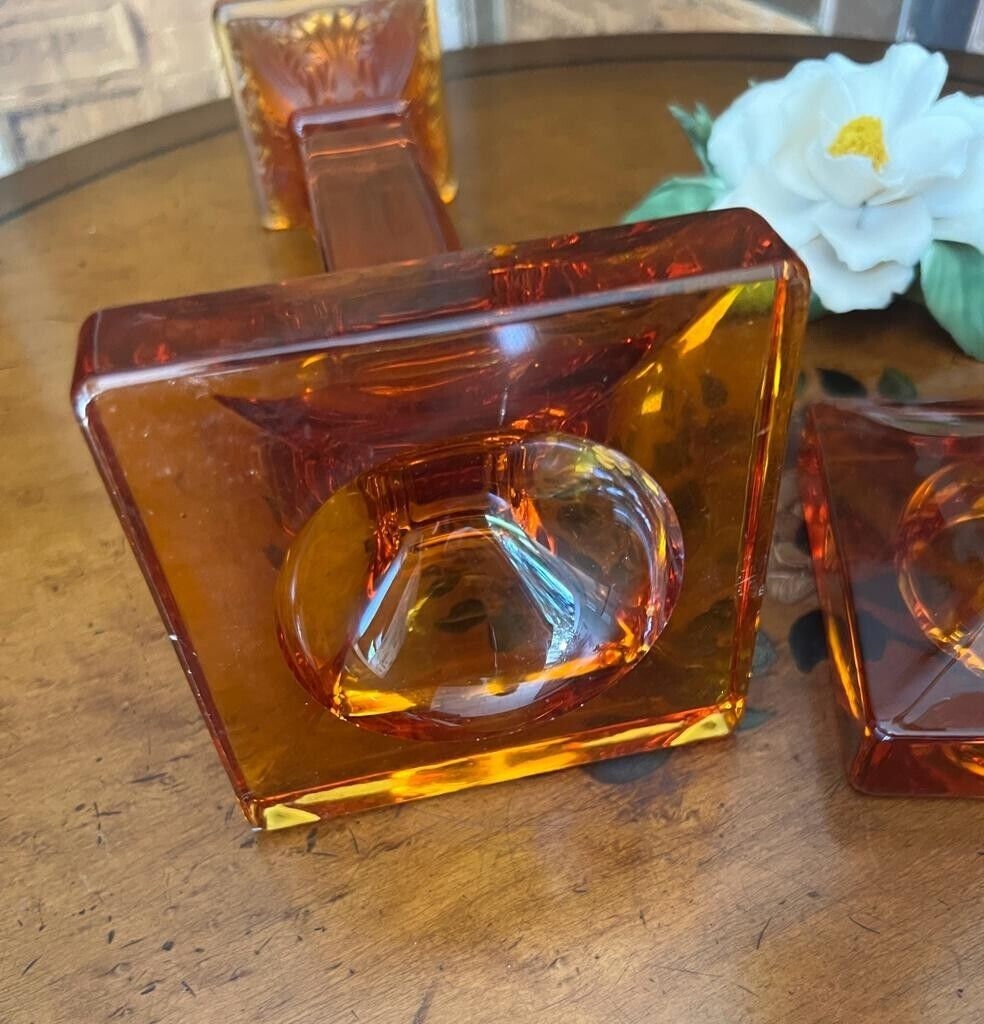 Pair of Vintage Orange Glass Candle Holders Art Deco Column Design Elegant Taper Stand Table Decor Retro Home Accents Collectible Gift Idea